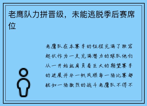 老鹰队力拼晋级，未能逃脱季后赛席位