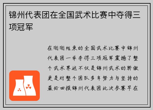 锦州代表团在全国武术比赛中夺得三项冠军