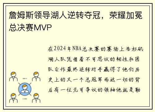 詹姆斯领导湖人逆转夺冠，荣耀加冕总决赛MVP