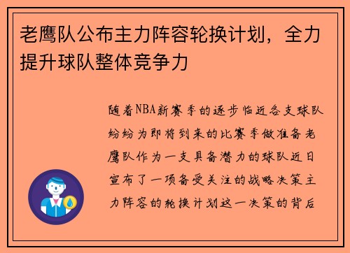 老鹰队公布主力阵容轮换计划，全力提升球队整体竞争力